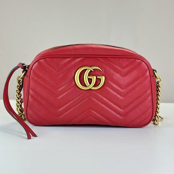 Gucci Handbags - Gucci GG Logo Red Leather Marmont Shoulder Bag Crossbody